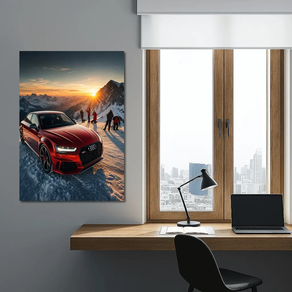 Audi RS6 Red Sedan Snowy Mountain Sunset – Wall Art