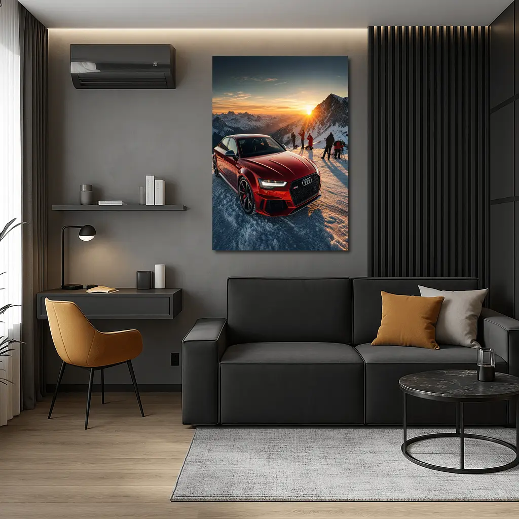 Audi RS6 Red Sedan Snowy Mountain Sunset – Wall Art