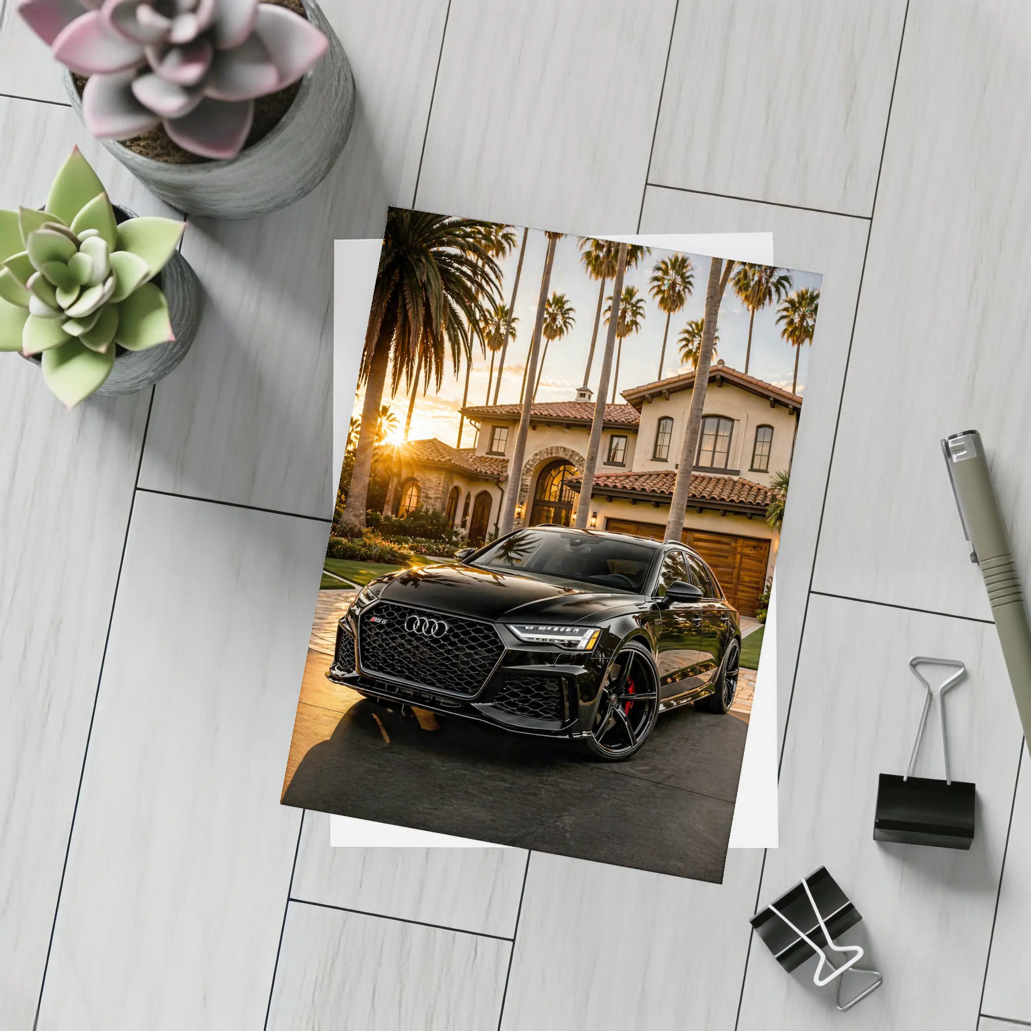 Audi RS6 Black Sunset Mansion Driveway – Postcards