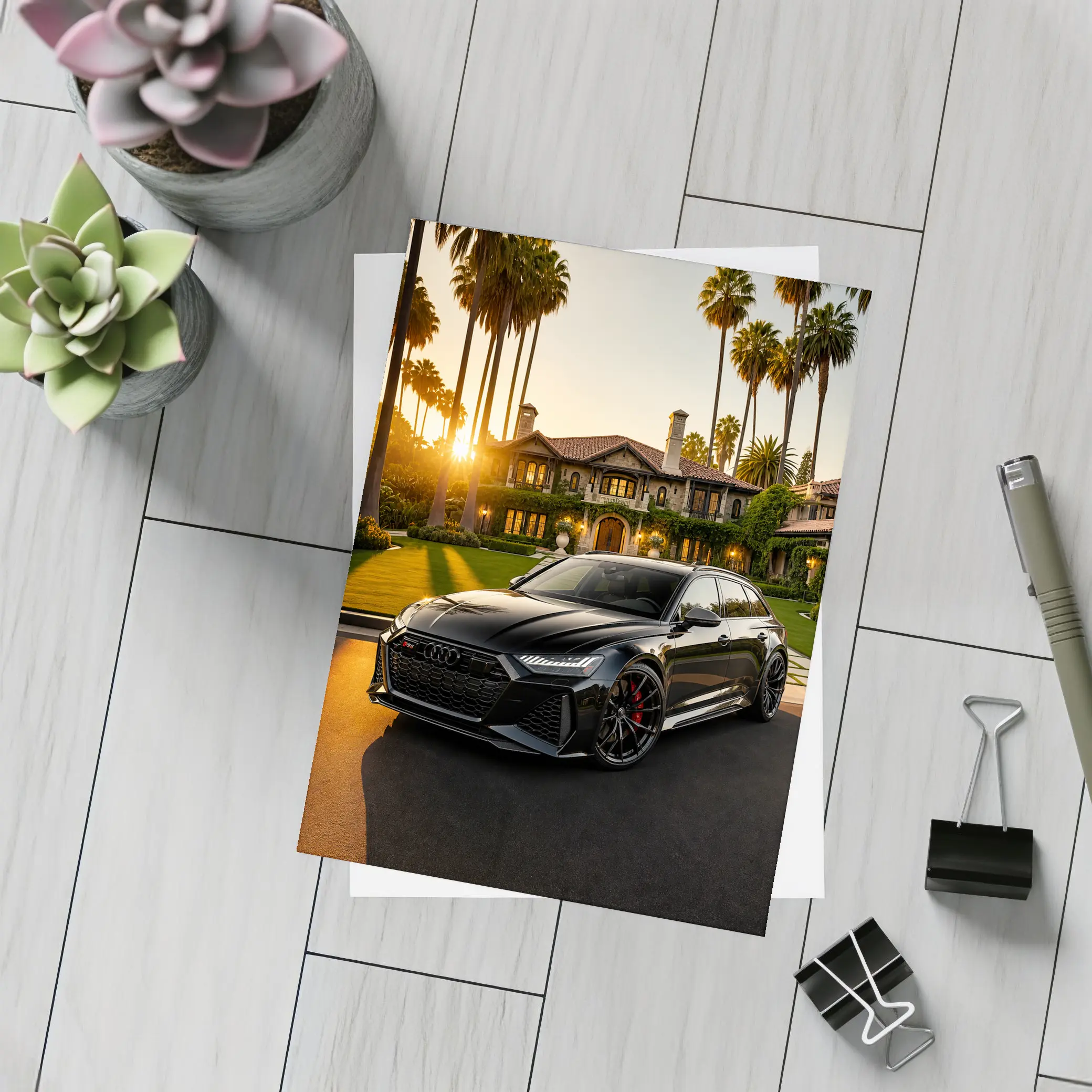 Audi RS6 Black Wagon Mansion Sunset – Postcards