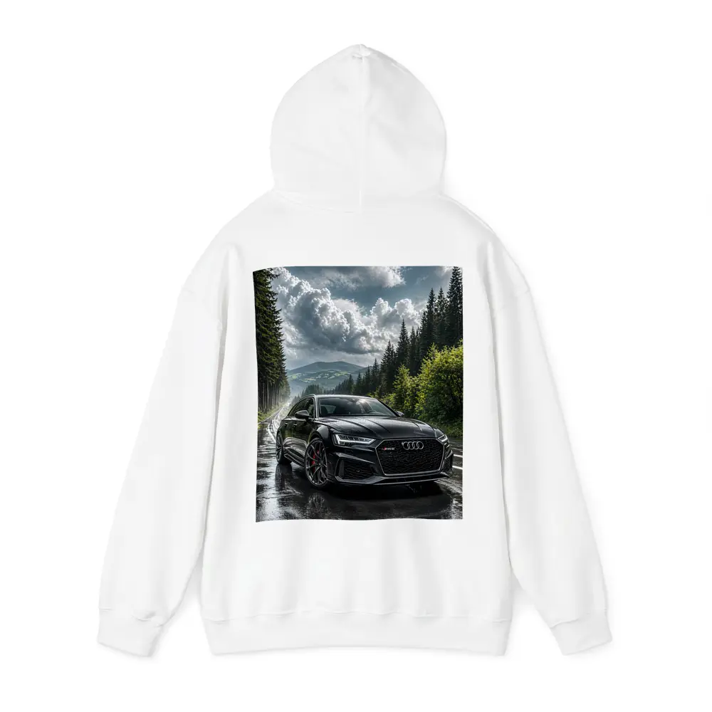 Audi RS6 Black on Rainy Forest Road – Hoodies
