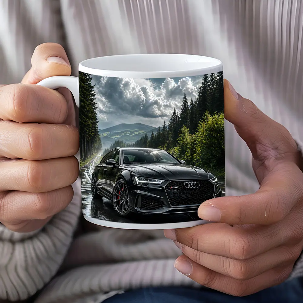 Audi RS6 Black on Rainy Forest Road – Mugs