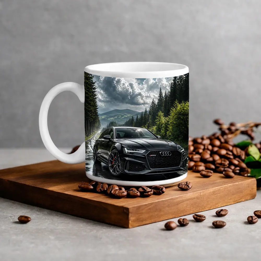 Audi RS6 Black on Rainy Forest Road – Mugs