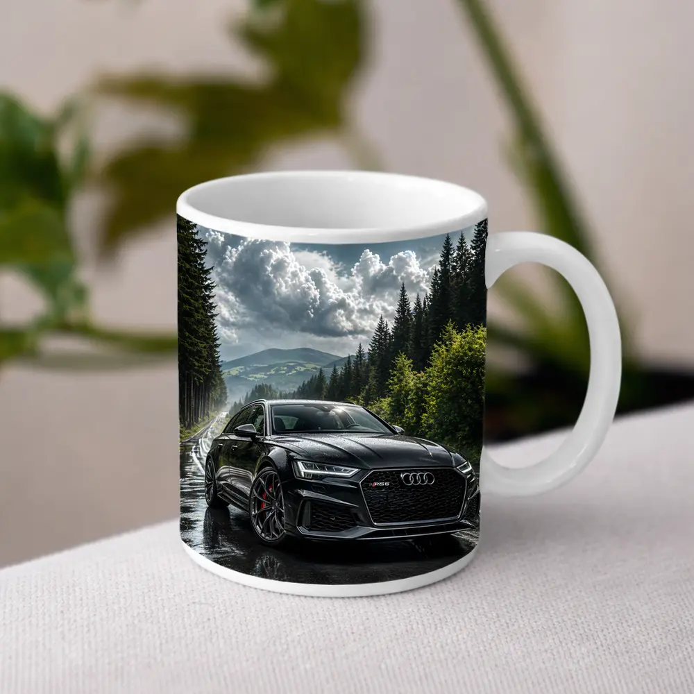 Audi RS6 Black on Rainy Forest Road – Mugs