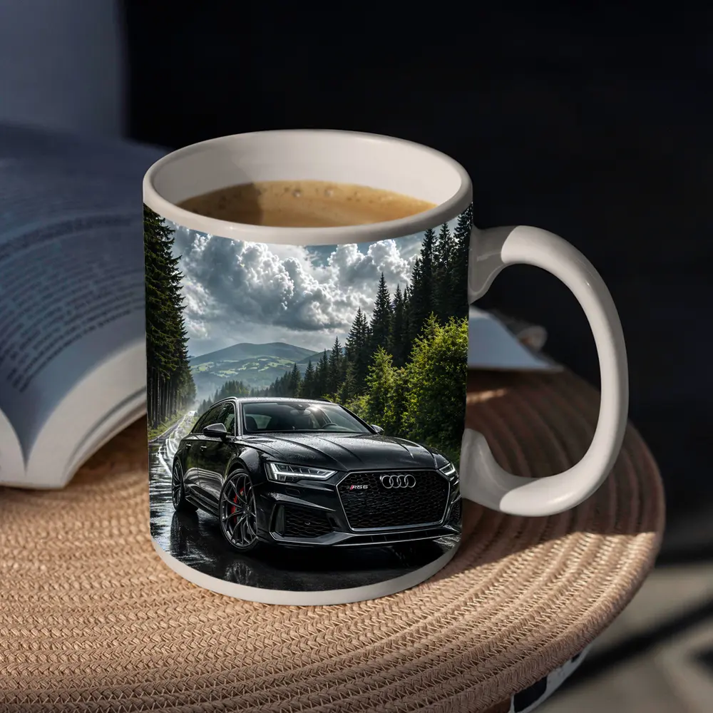 Audi RS6 Black on Rainy Forest Road – Mugs