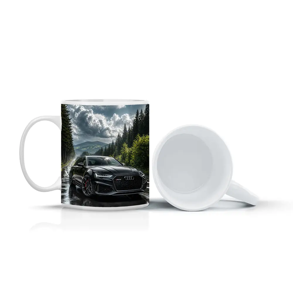 Audi RS6 Black on Rainy Forest Road – Mugs