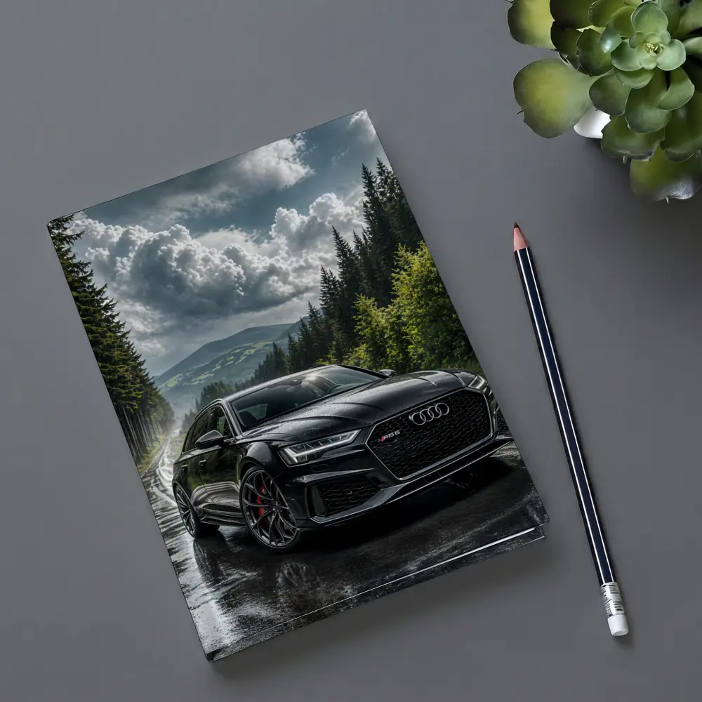 Audi RS6 Black on Rainy Forest Road – Notebooks