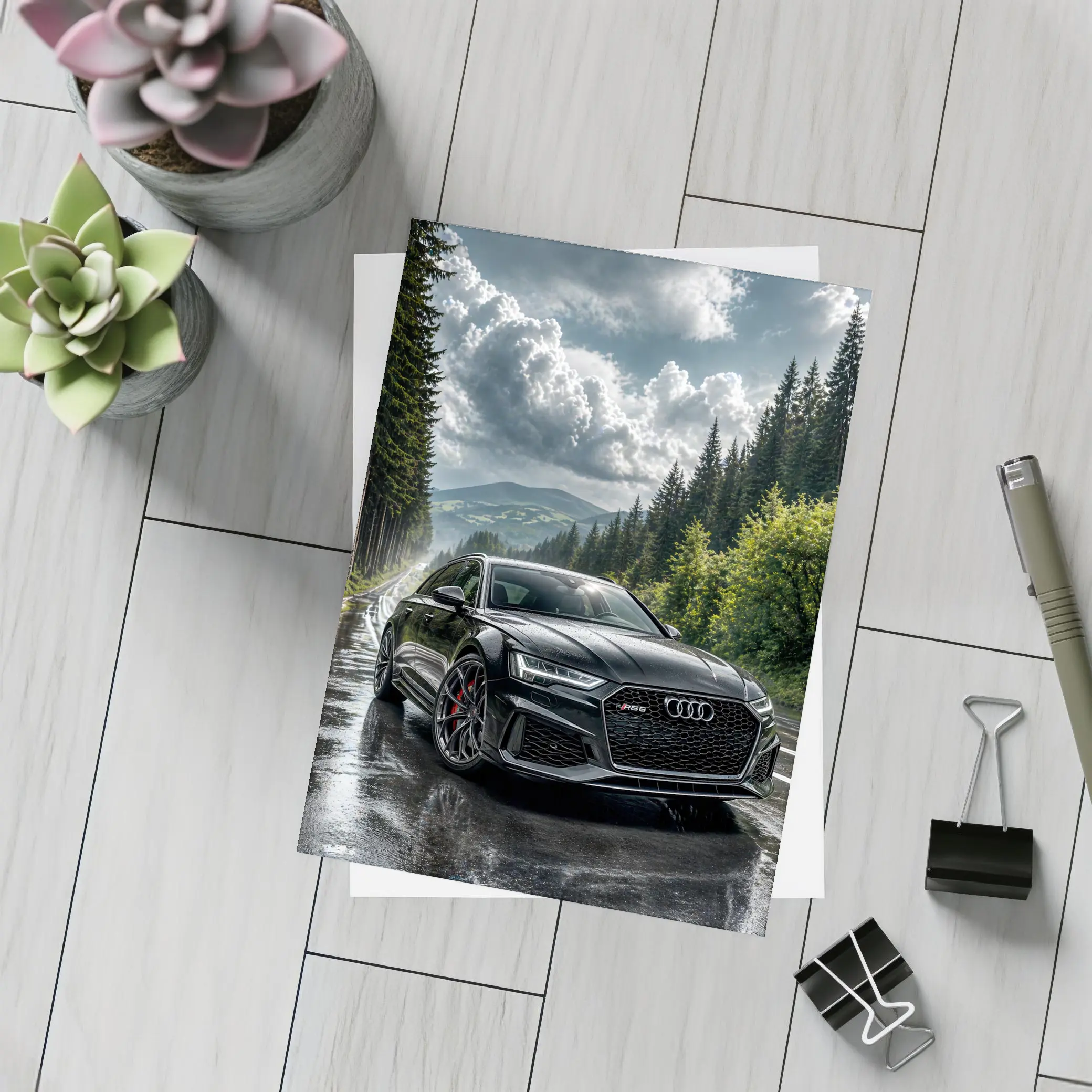 Audi RS6 Black on Rainy Forest Road – Postcards