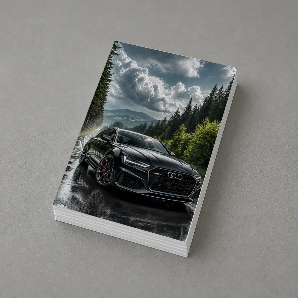 Audi RS6 Black on Rainy Forest Road – Postcards