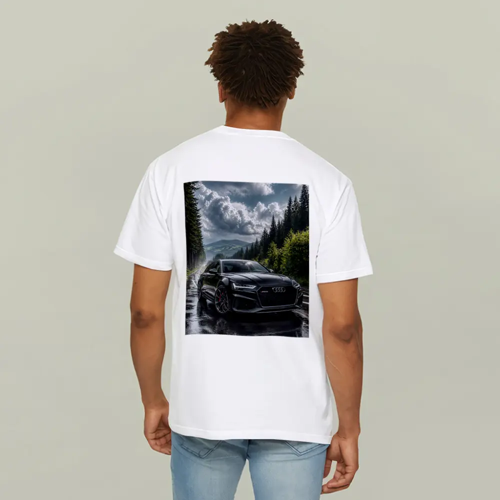 Audi RS6 Black on Rainy Forest Road – T-Shirts