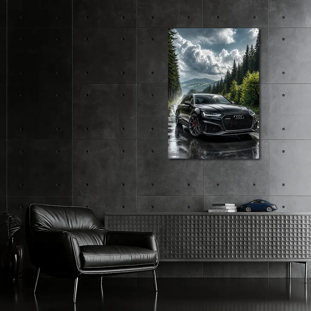 Audi RS6 Black on Rainy Forest Road – Wall Art