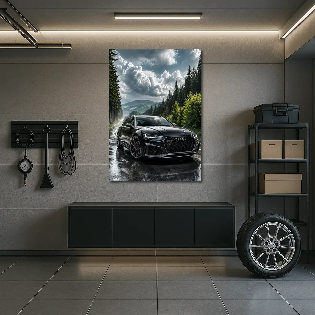 Audi RS6 Black on Rainy Forest Road – Wall Art