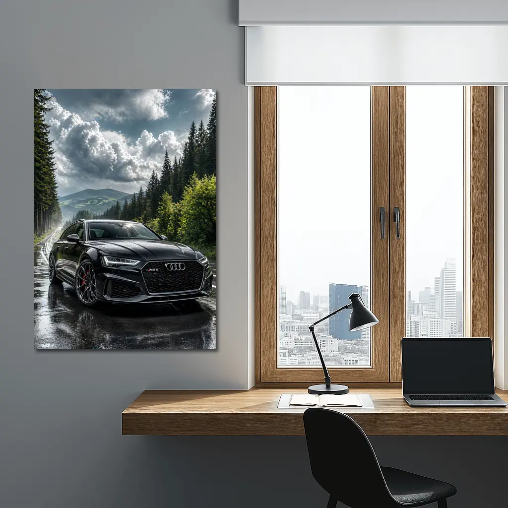 Audi RS6 Black on Rainy Forest Road – Wall Art