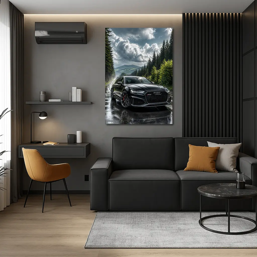 Audi RS6 Black on Rainy Forest Road – Wall Art