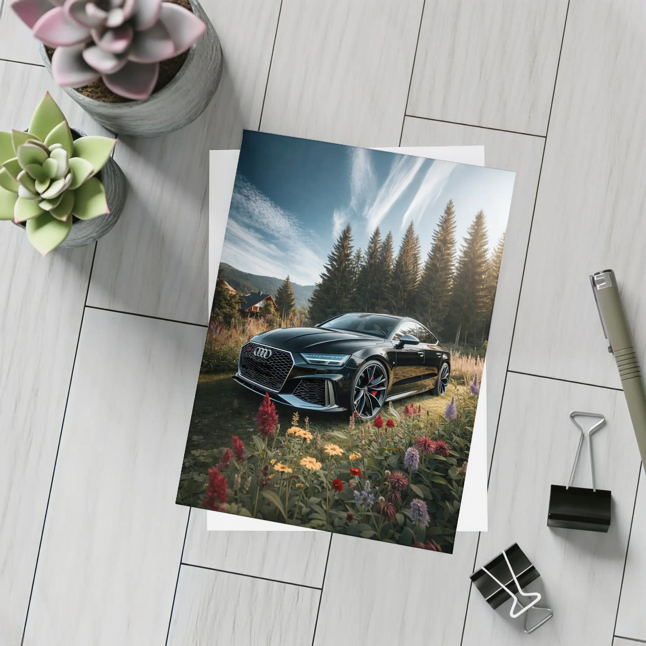 Audi RS7 Black Sedan Forest Meadow Setting – Postcards