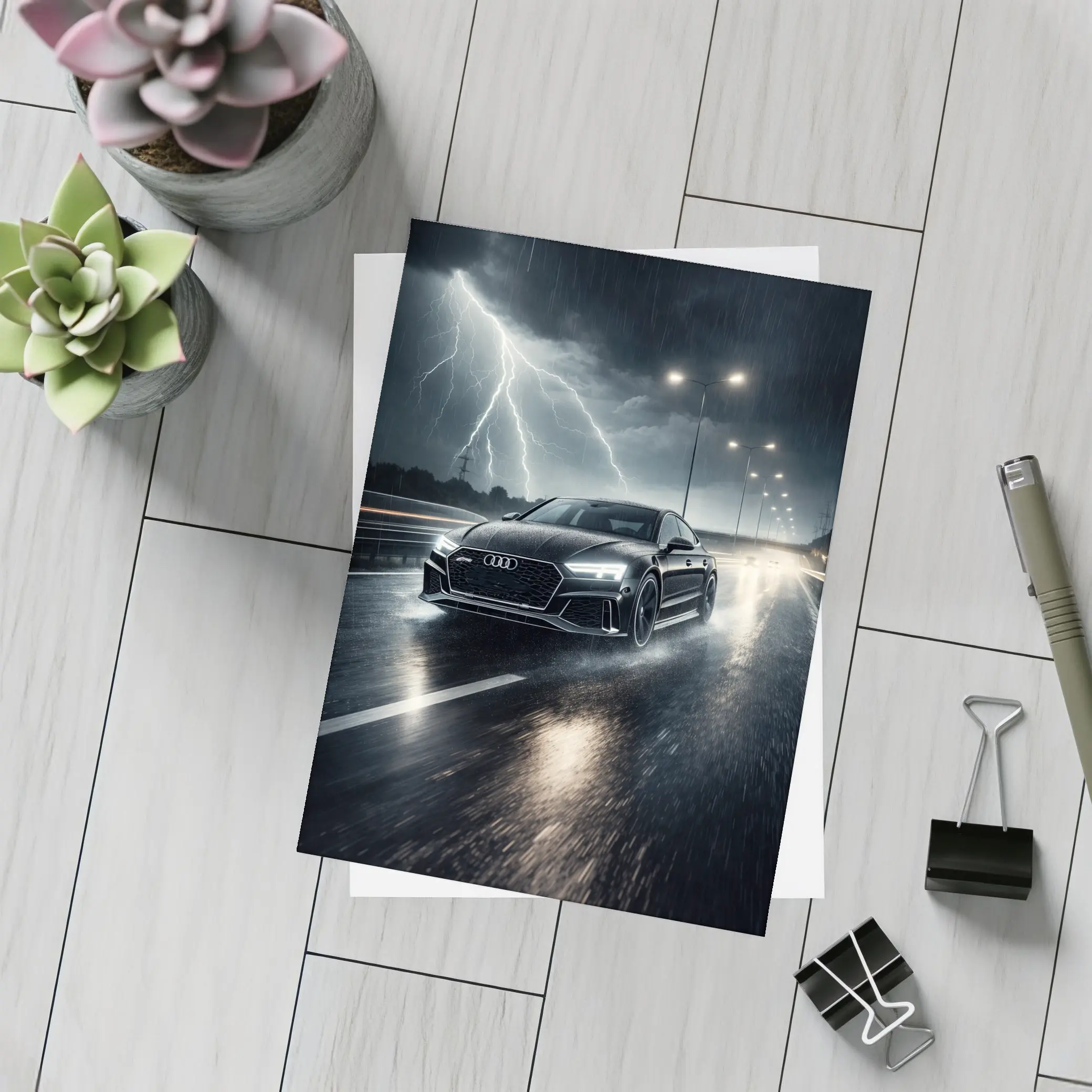 Audi RS7 Black Racing Through Stormy Night – Postcards