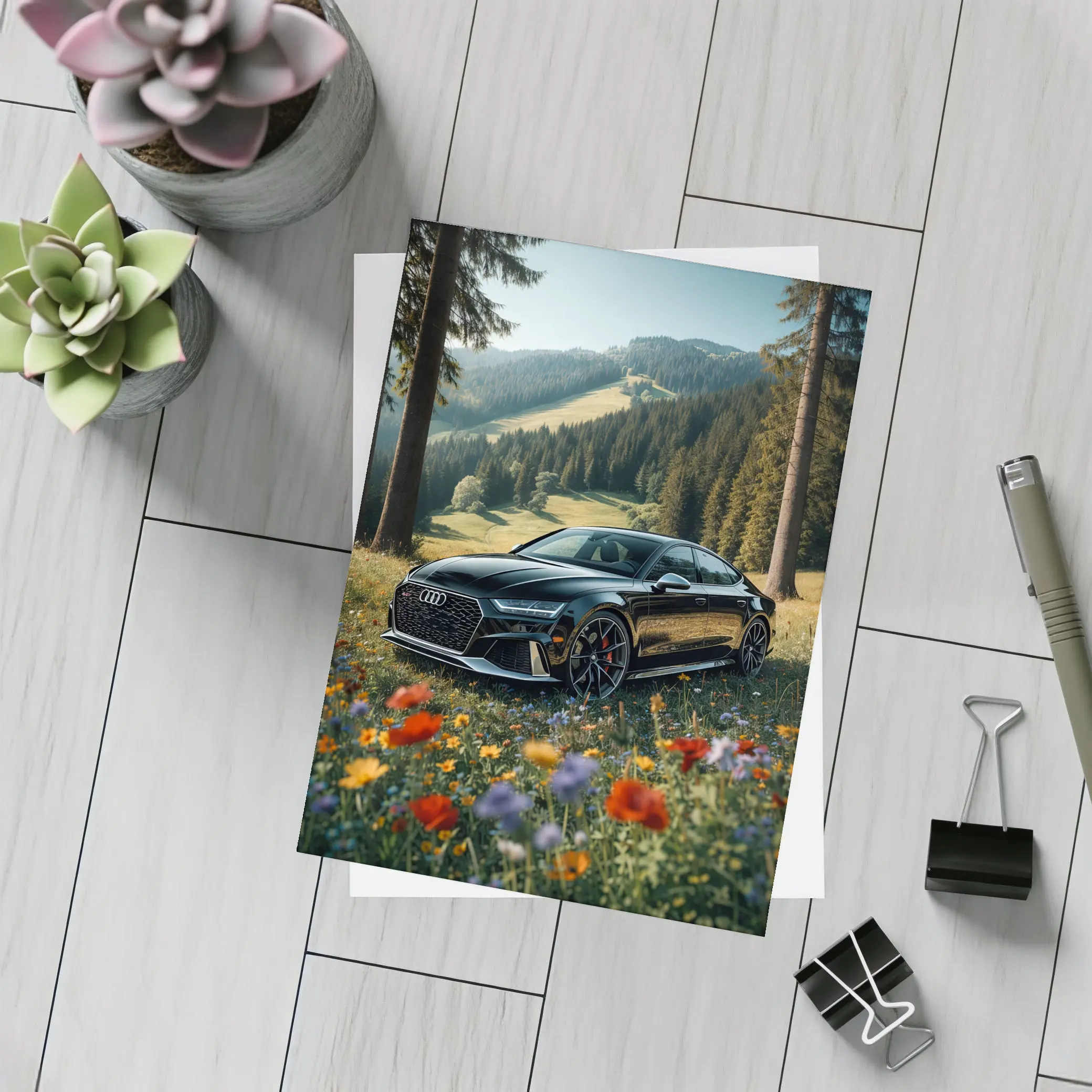 Audi RS7 Black Parked Wildflower Mountain Meadow – Postcards
