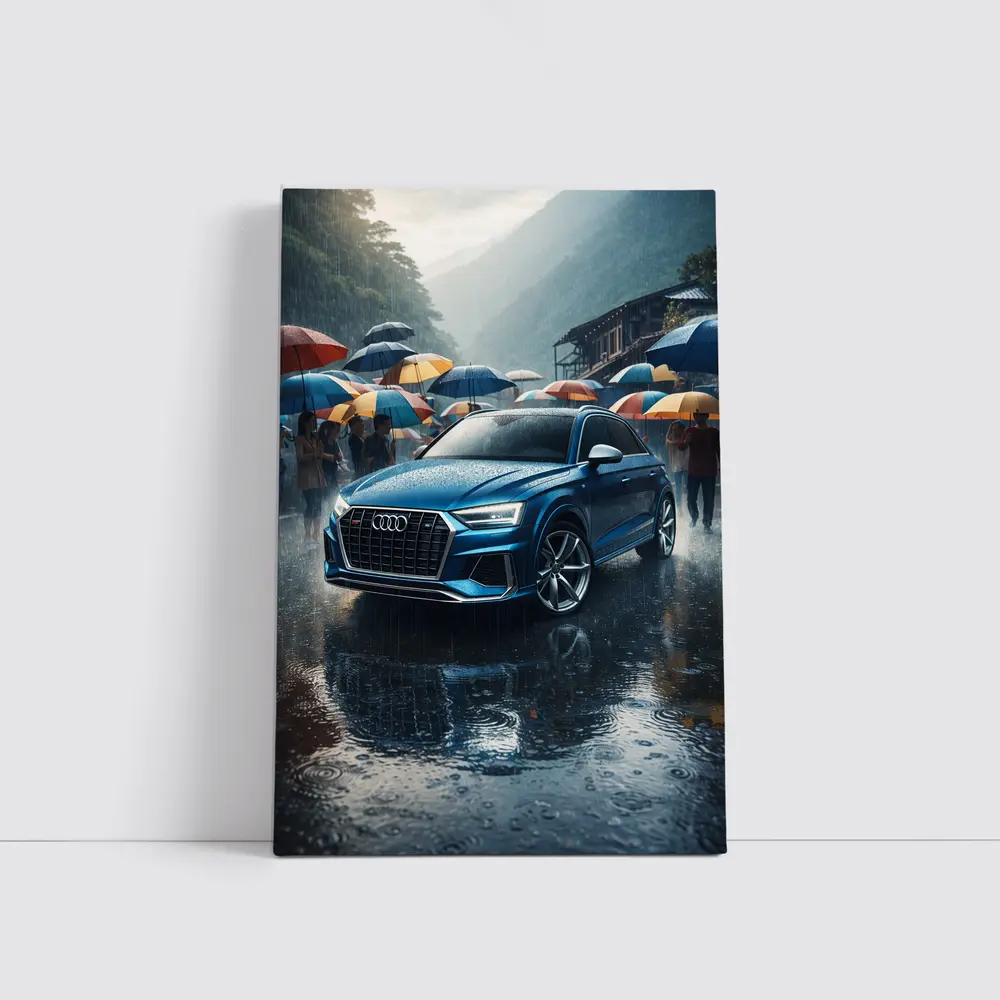 Audi Q8 Blue SUV Rainy Street Scene – Wall Art