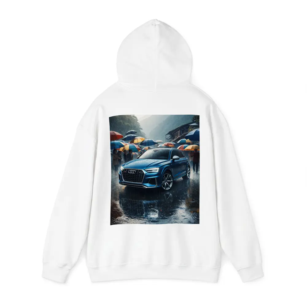 Audi Q8 Blue SUV Rainy Street Scene – Hoodies