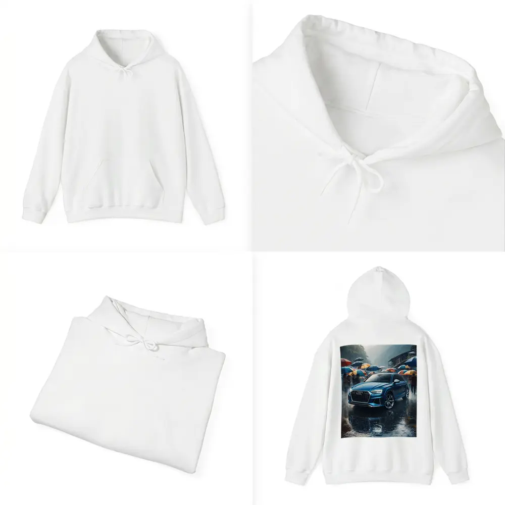 Audi Q8 Blue SUV Rainy Street Scene – Hoodies