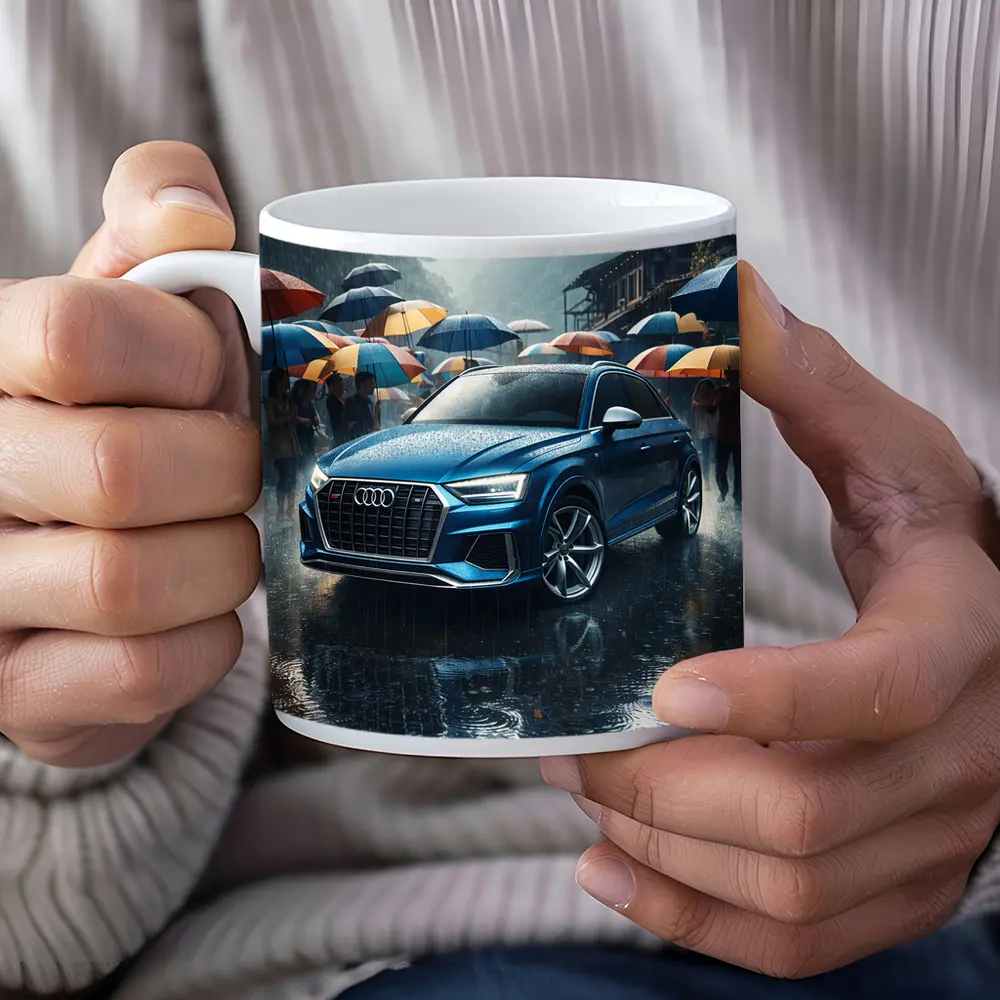 Audi Q8 Blue SUV Rainy Street Scene – Mugs