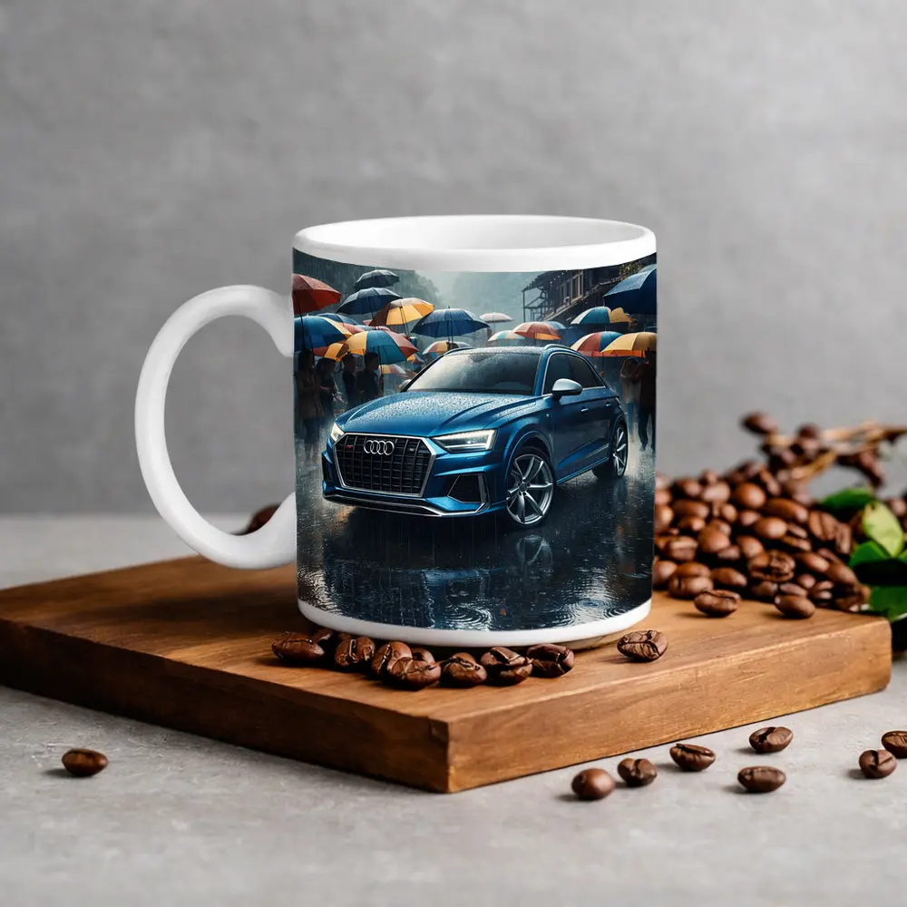 Audi Q8 Blue SUV Rainy Street Scene – Mugs