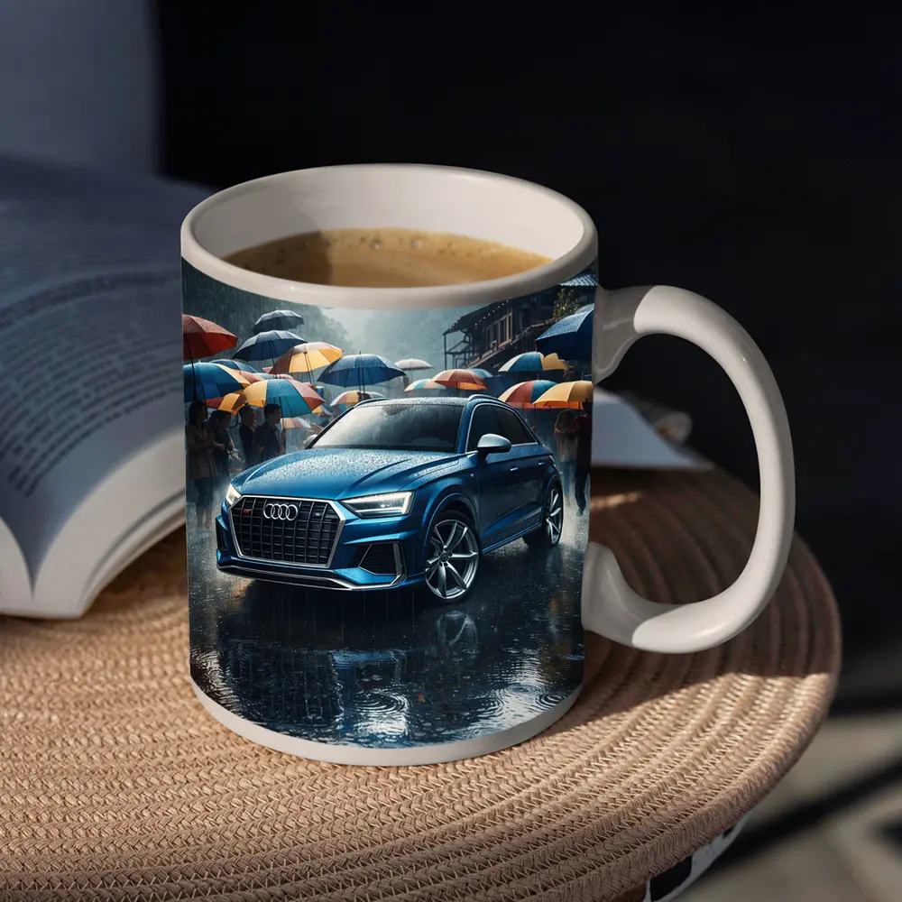 Audi Q8 Blue SUV Rainy Street Scene – Mugs