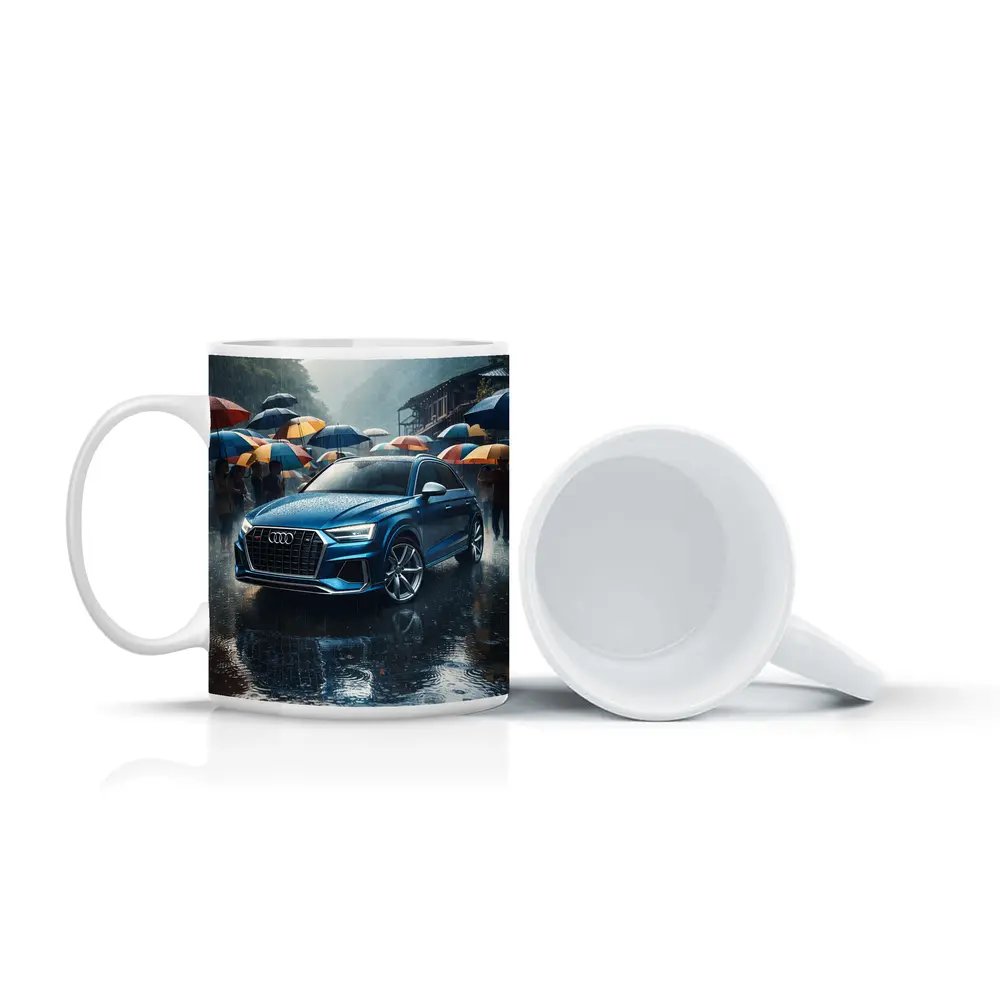 Audi Q8 Blue SUV Rainy Street Scene – Mugs