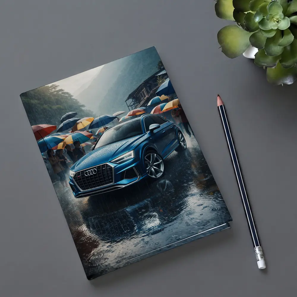 Audi Q8 Blue SUV Rainy Street Scene – Notebooks