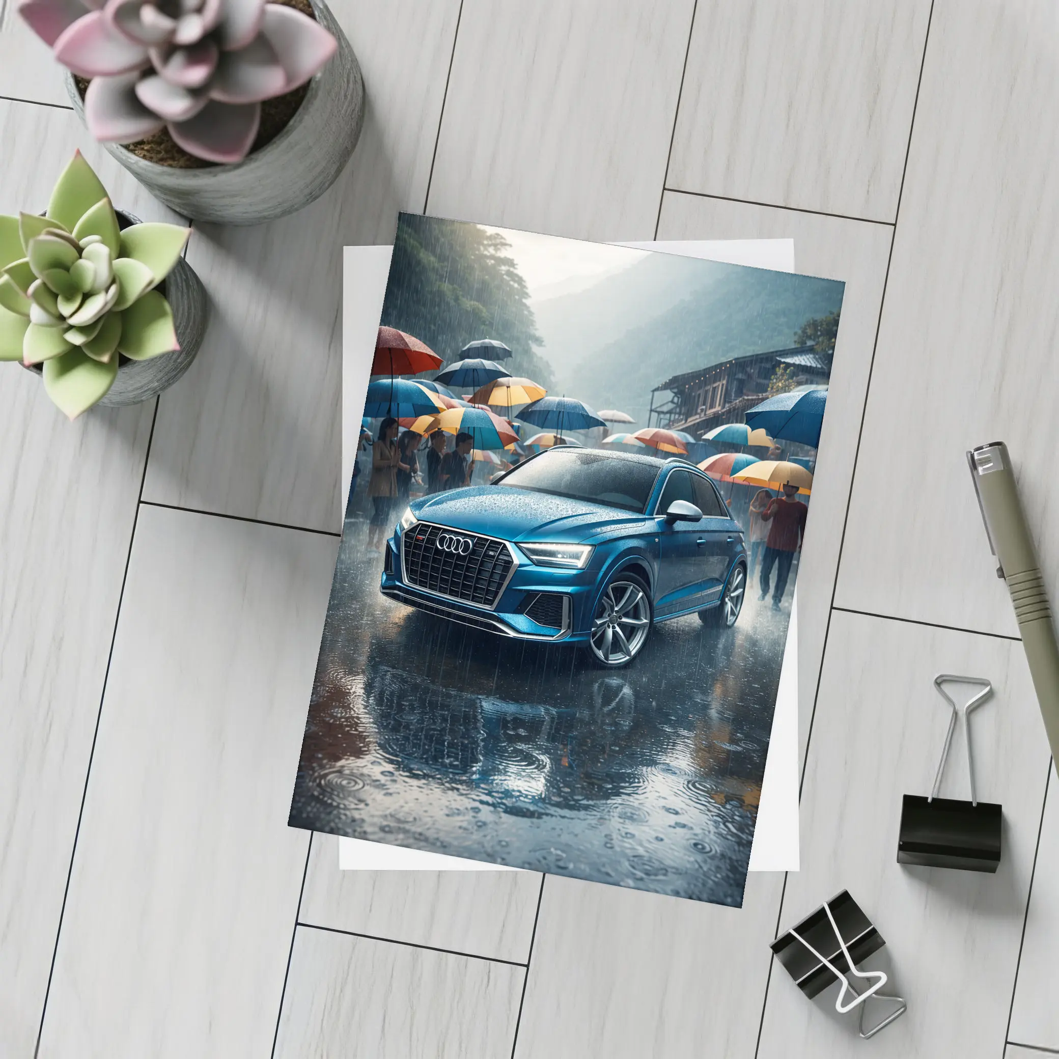 Audi Q8 Blue SUV Rainy Street Scene – Postcards