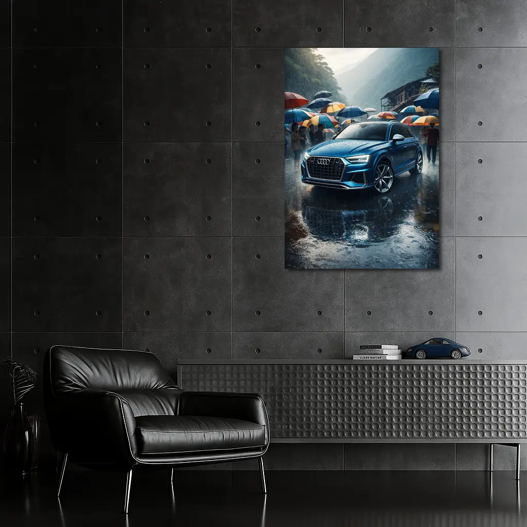 Audi Q8 Blue SUV Rainy Street Scene – Wall Art