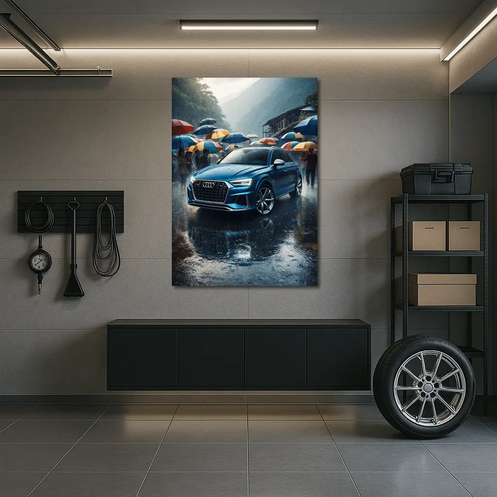 Audi Q8 Blue SUV Rainy Street Scene – Wall Art