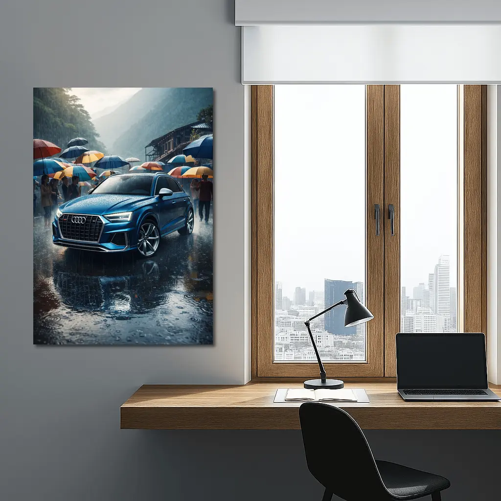 Audi Q8 Blue SUV Rainy Street Scene – Wall Art