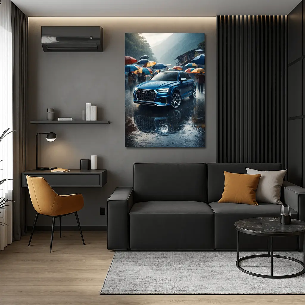 Audi Q8 Blue SUV Rainy Street Scene – Wall Art