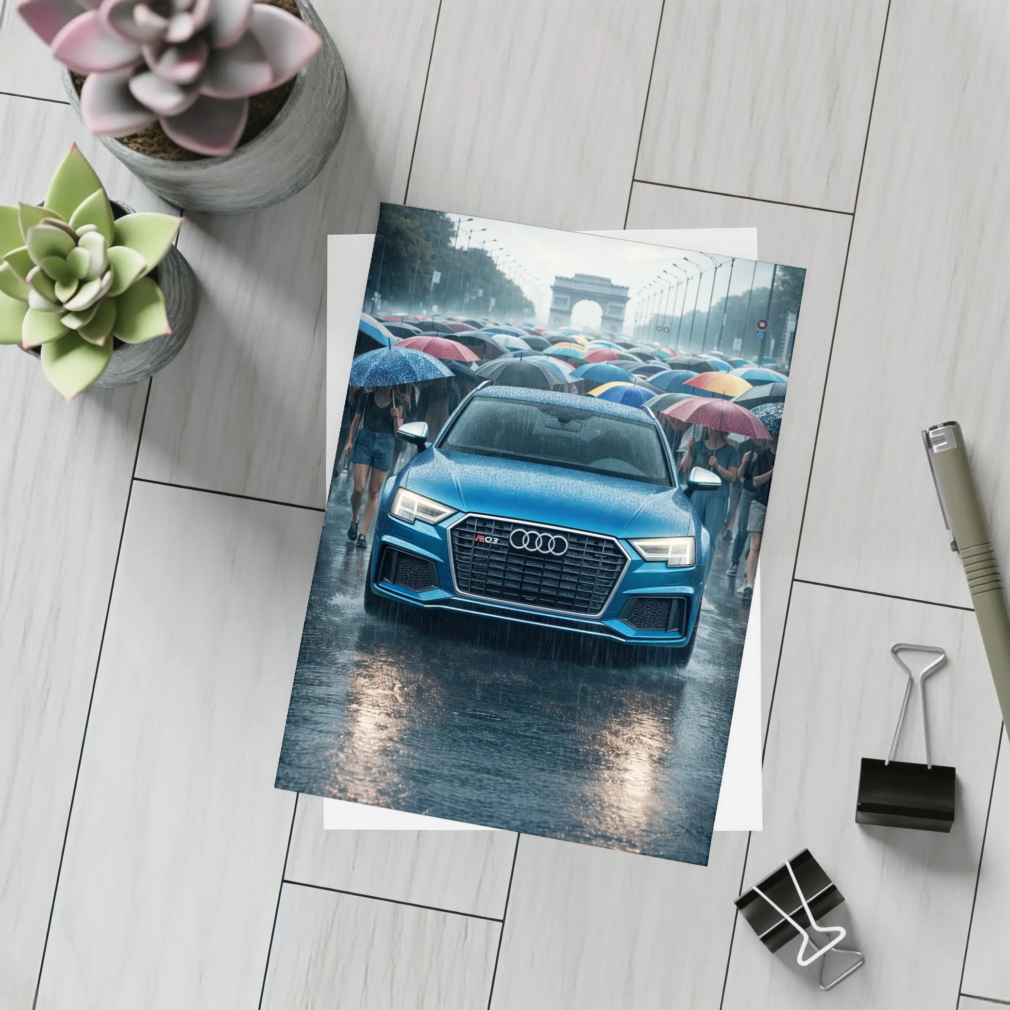 Audi RS Q3 Rainy Paris Street Scene – Postcards