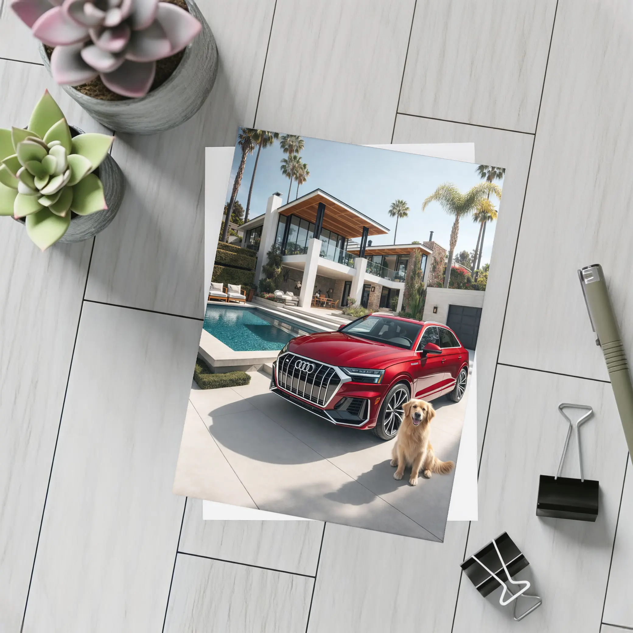 Audi Q8 Red SUV Luxury Villa Setting – Postcards
