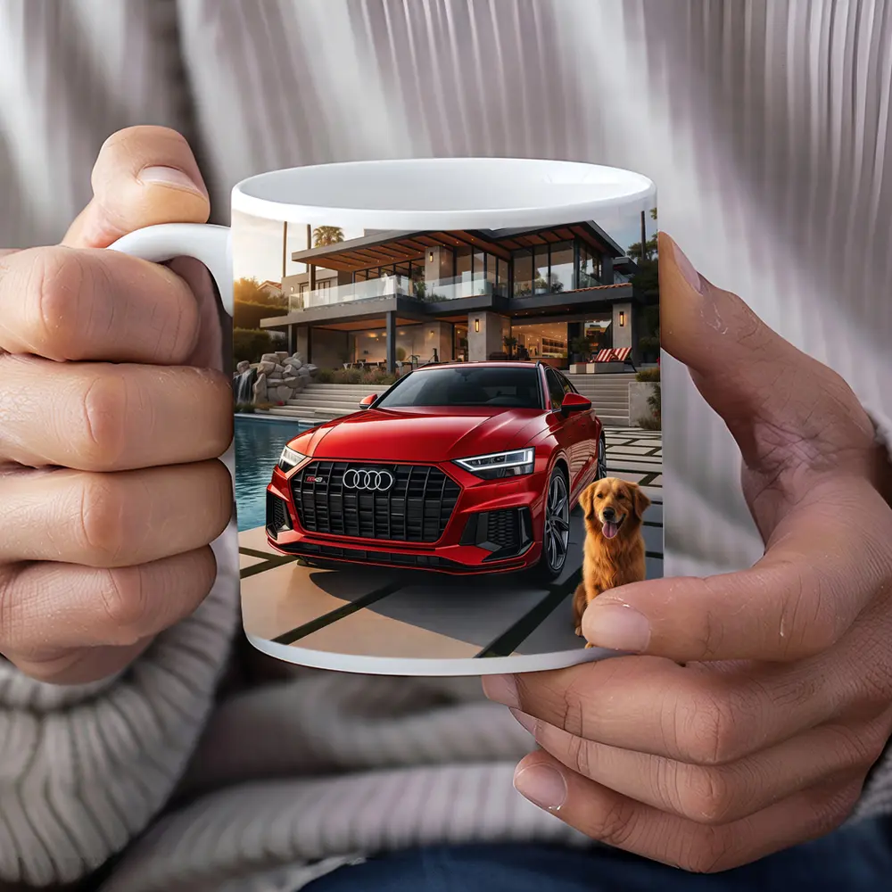 Red Audi SQ8 Golden Retriever Luxury Mansion – Mugs