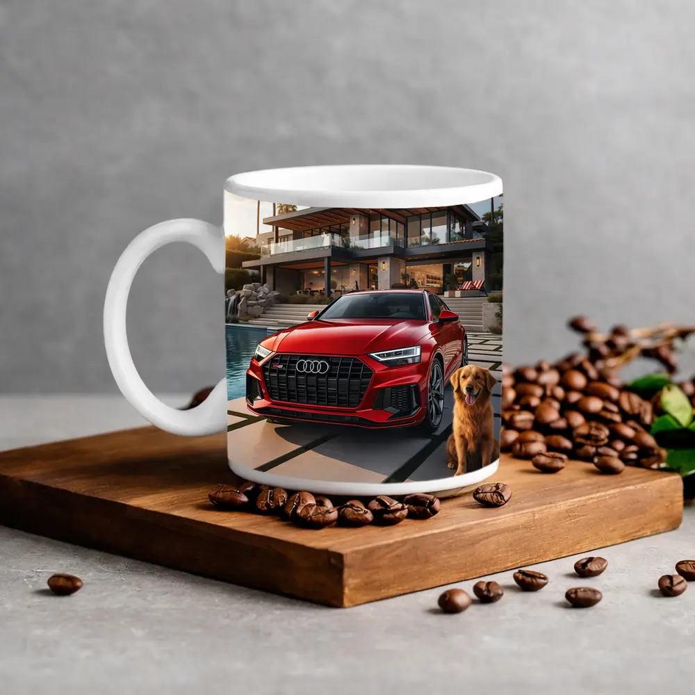 Red Audi SQ8 Golden Retriever Luxury Mansion – Mugs