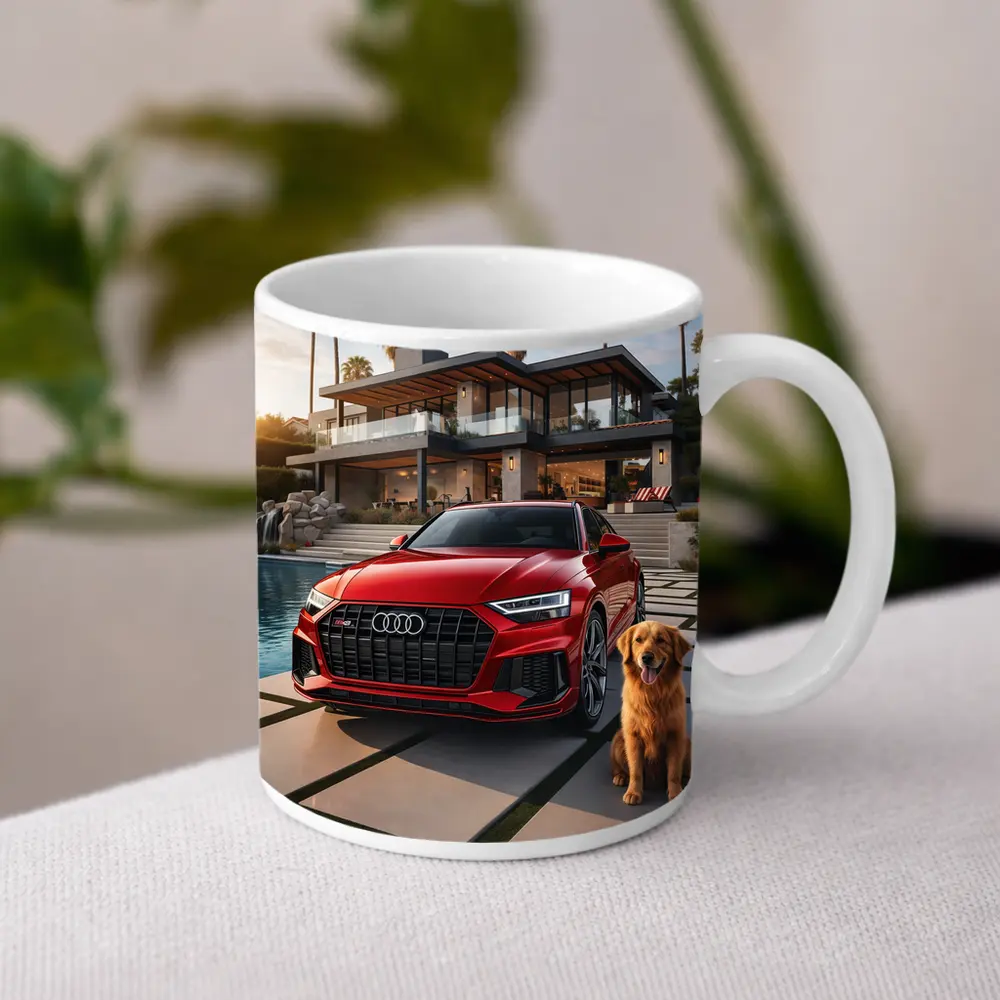 Red Audi SQ8 Golden Retriever Luxury Mansion – Mugs