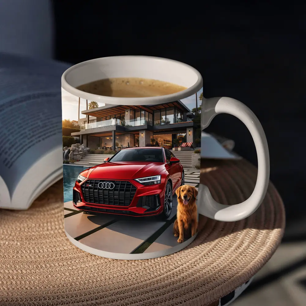 Red Audi SQ8 Golden Retriever Luxury Mansion – Mugs