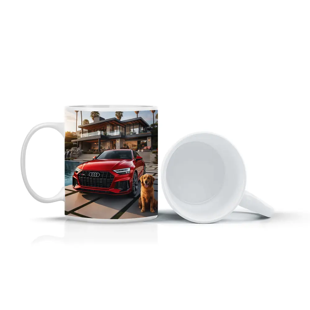 Red Audi SQ8 Golden Retriever Luxury Mansion – Mugs