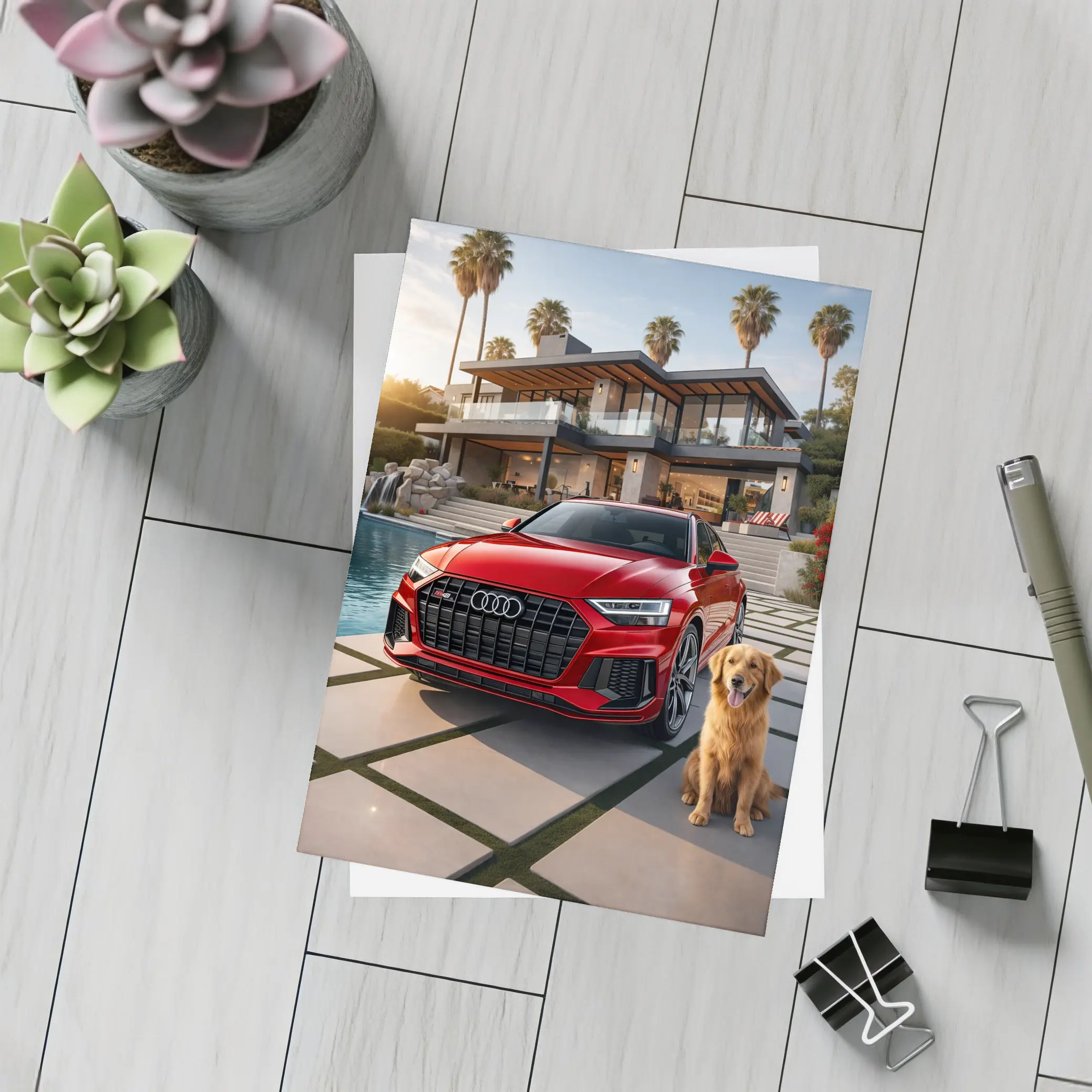 Red Audi SQ8 Golden Retriever Luxury Mansion – Postcards