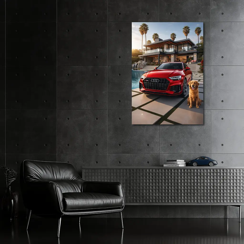 Red Audi SQ8 Golden Retriever Luxury Mansion – Wall Art