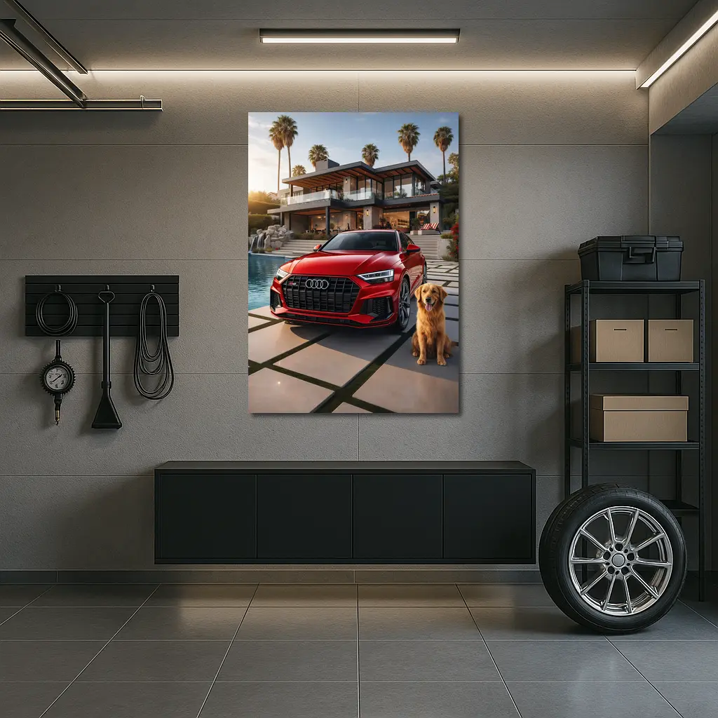Red Audi SQ8 Golden Retriever Luxury Mansion – Wall Art