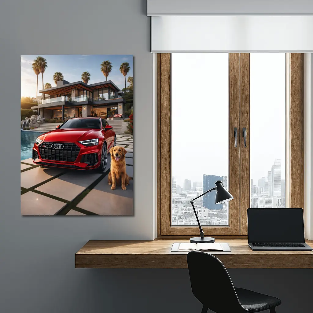 Red Audi SQ8 Golden Retriever Luxury Mansion – Wall Art