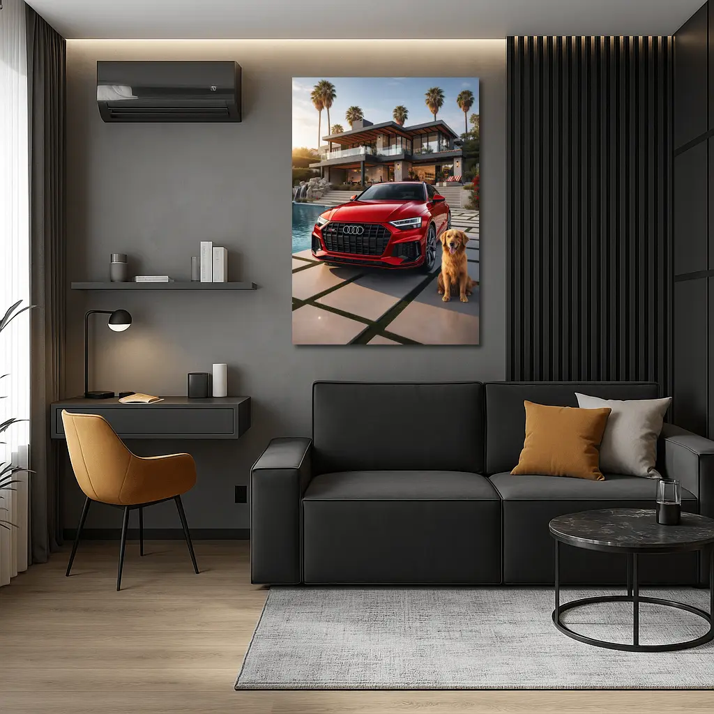 Red Audi SQ8 Golden Retriever Luxury Mansion – Wall Art