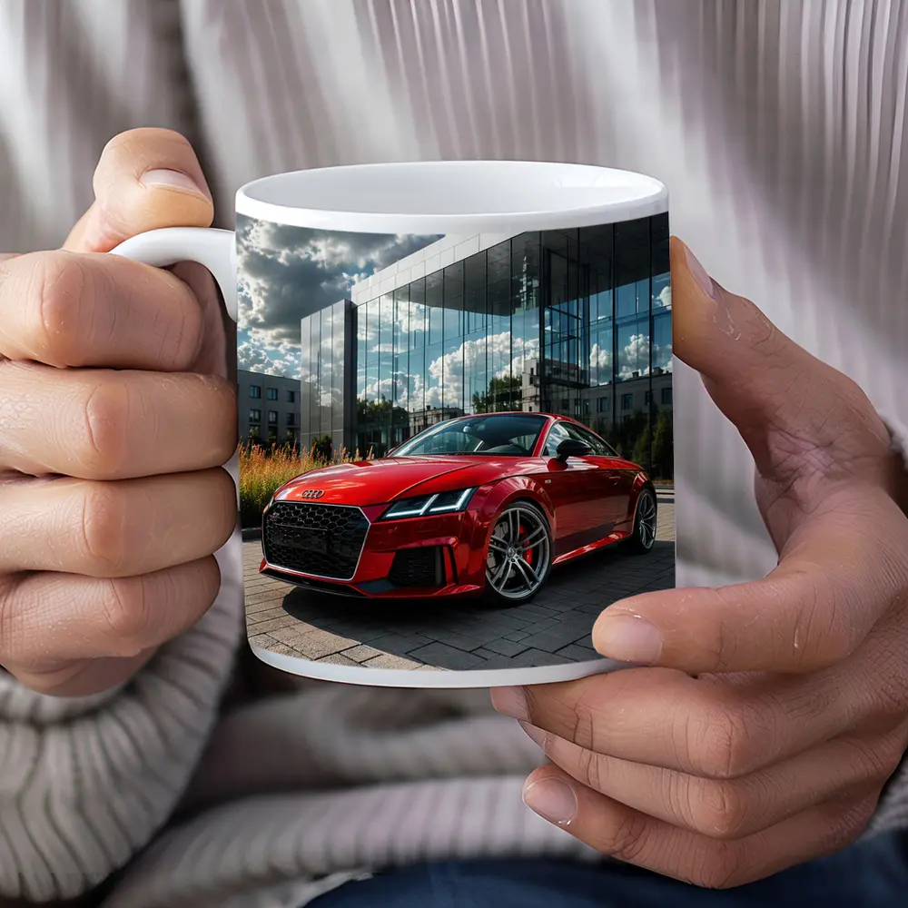 Audi TT Red Coupe Modern Building Background – Mugs