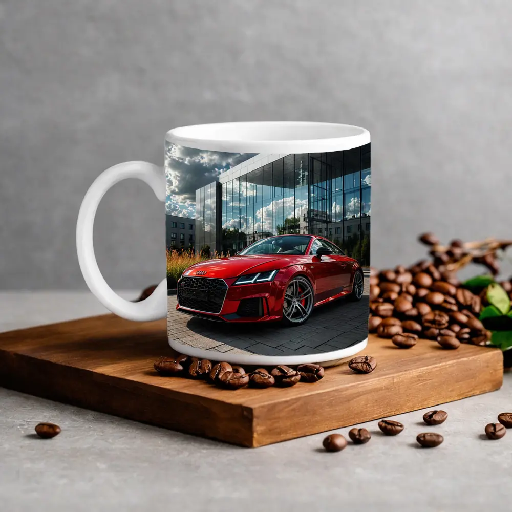Audi TT Red Coupe Modern Building Background – Mugs