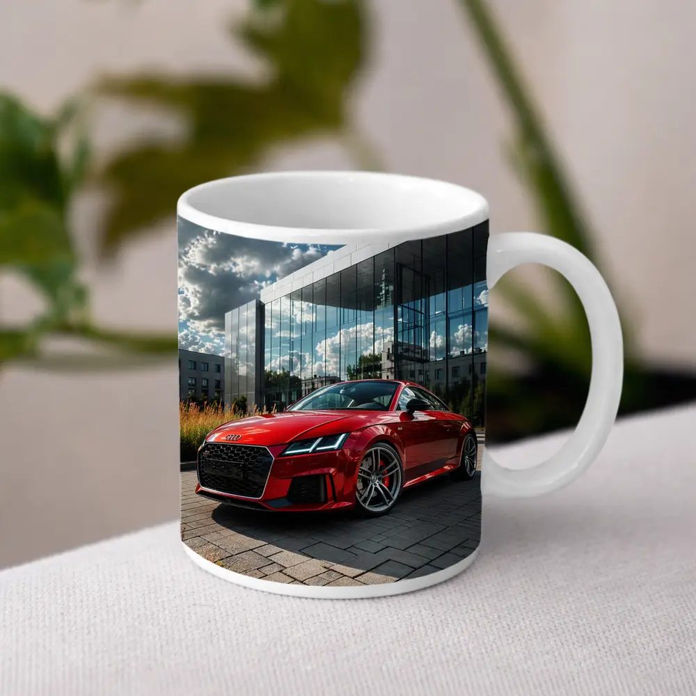 Audi TT Red Coupe Modern Building Background – Mugs