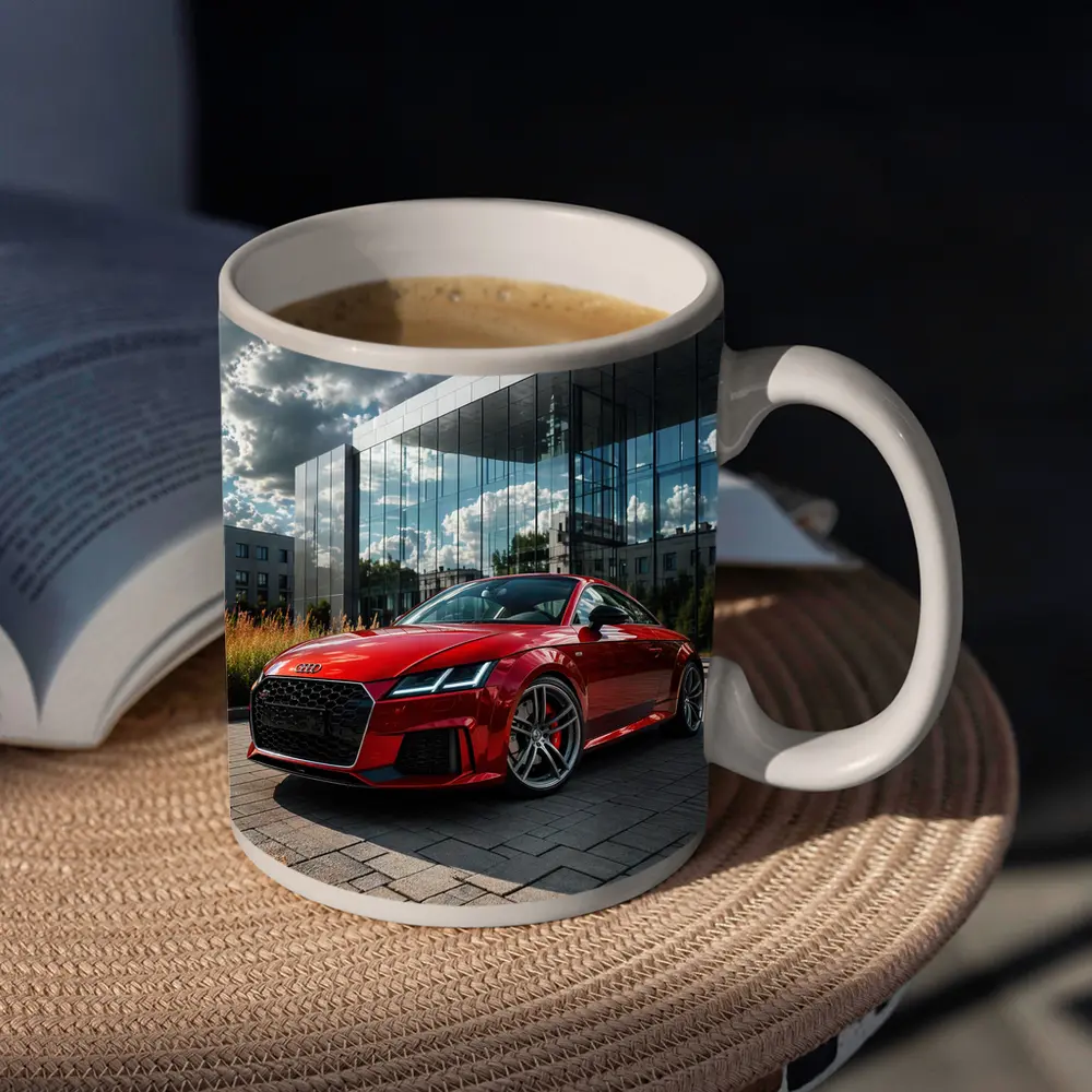 Audi TT Red Coupe Modern Building Background – Mugs
